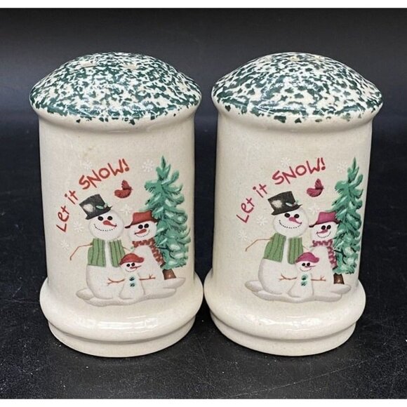 Salt And Pepper Shakers Let It Snow Snowman Winter Green 3.5” - Picture 1 of 8